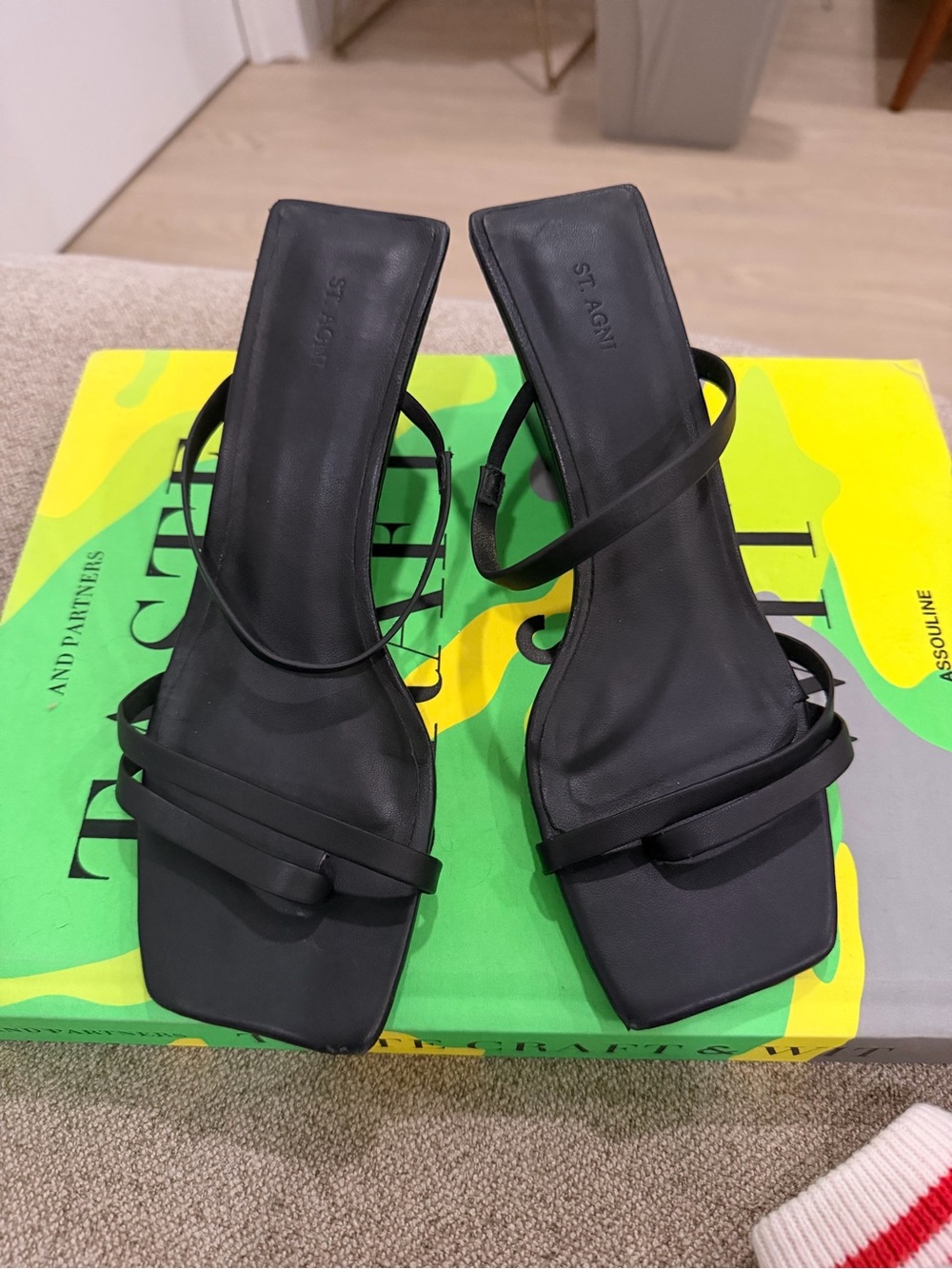 St. Agni Black Minimalist Strappy Square-Toe Heels